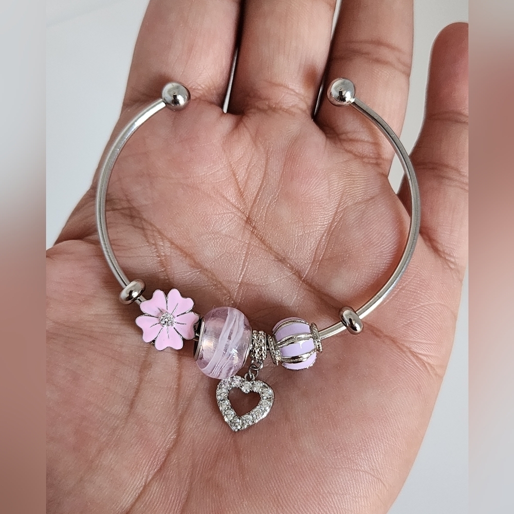 Silver Color Gold Plated Charm Bracelet Pink Crystal Beads Heart Charm Adjustabl - Picture 5 of 6